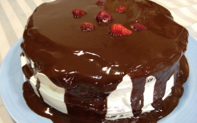 Chocolate cake, cream and wild strawberries