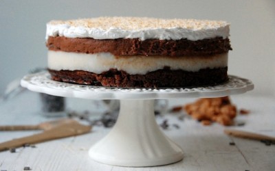 Brownie cake with coconut cream and chocolate mousse