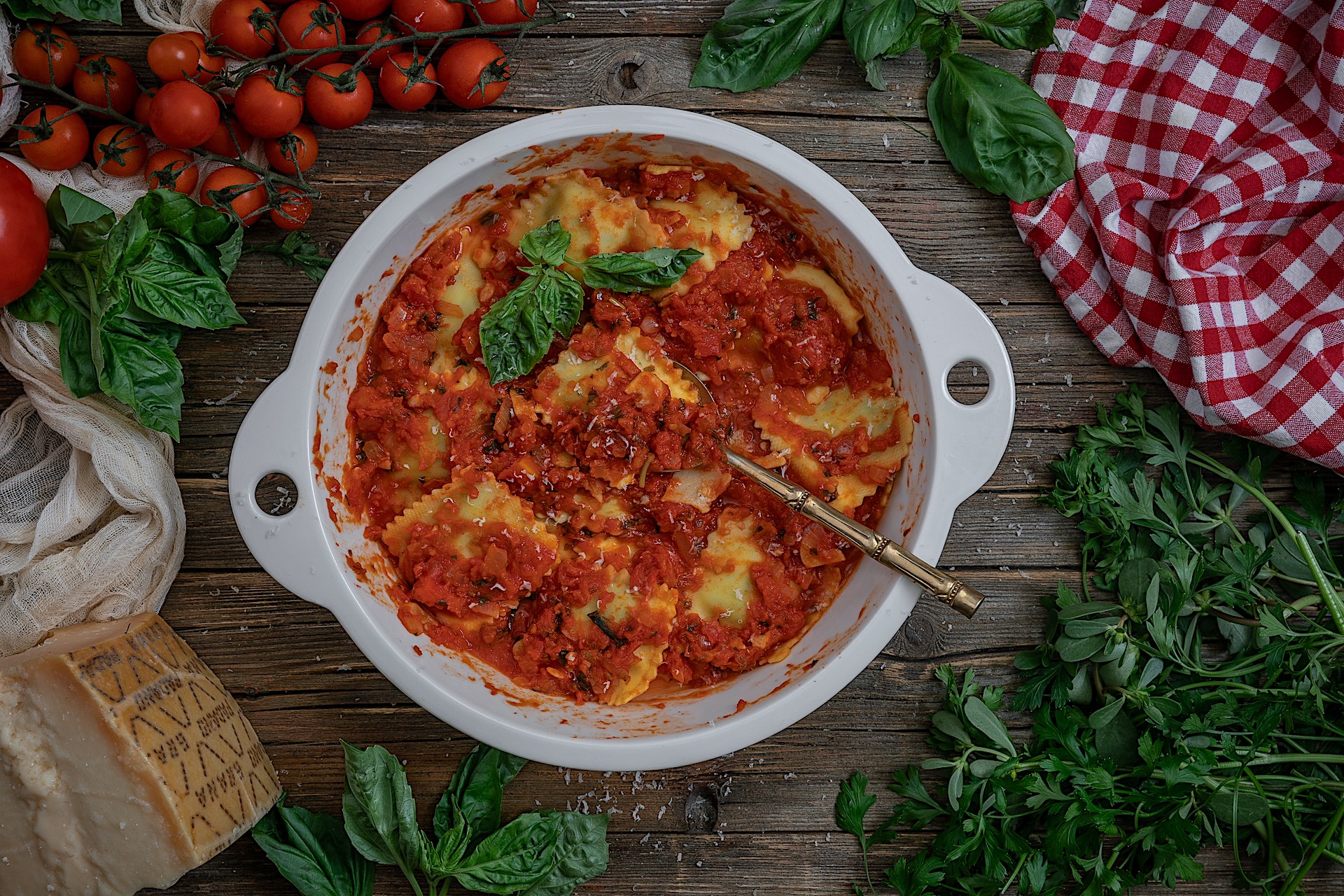 Ravioli with Neapolitan sauce. The richest tomato and basil sauce in the  world