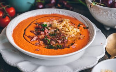 Cherry gazpacho with crispy cheese. The best of summer